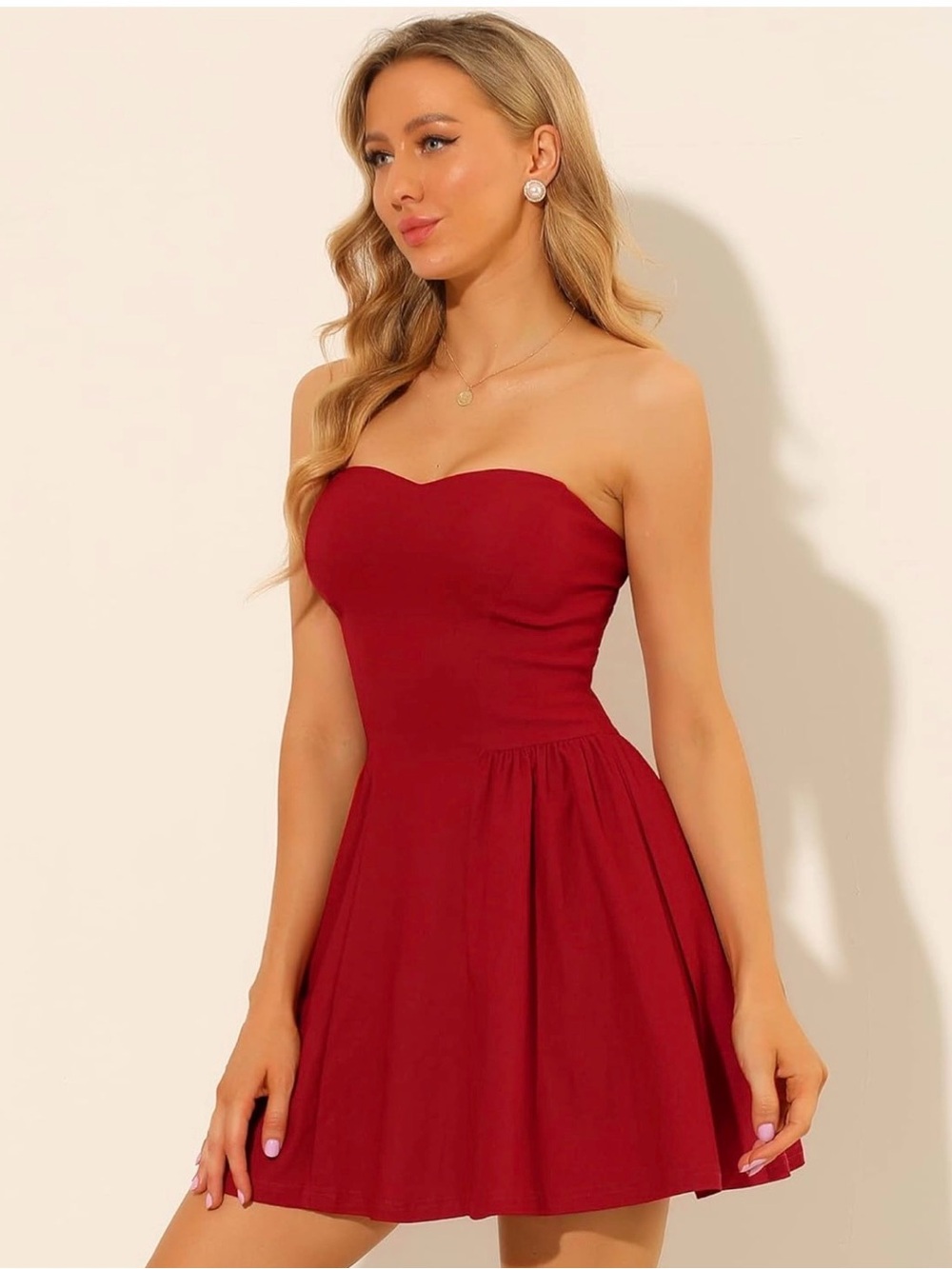 <Allegra K> Strapless Sweetheart Burgundy Mini Dress